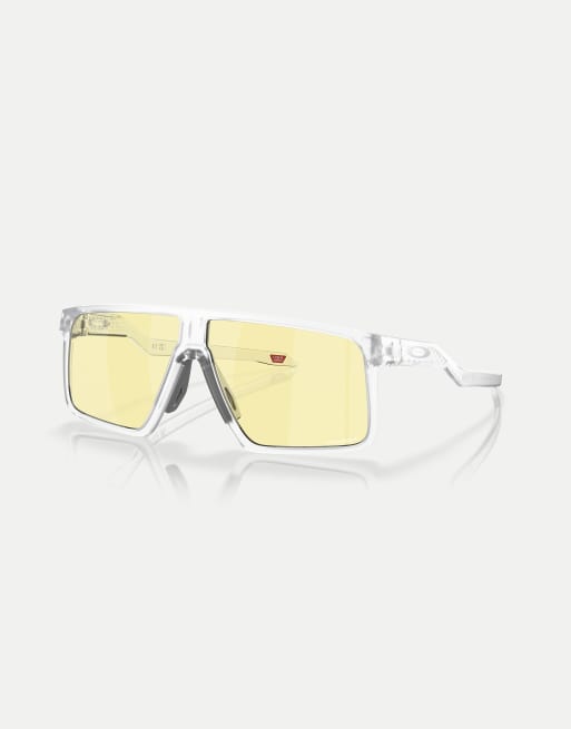 Oakley - Helux Gaming Collection - Occhiali da sole rettangolari bianco trasparente opaco con lenti a specchio gialle, 3 di 4
