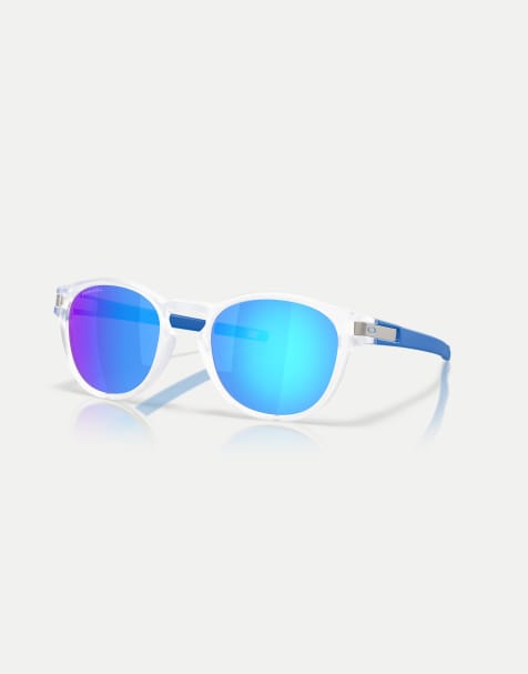 Oakley Latch™ neon pop collection round sunglasses with blue mirrored lens in matte clear - view 1