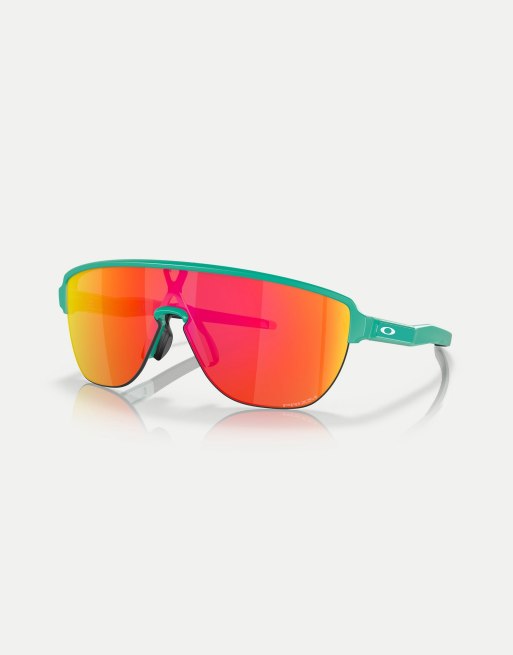 Oakley Occhiali da sole a mascherina stile corridore celeste opaco con lenti a specchio arancioni ASOS