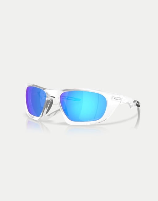 Oakley occhiali da sole rettangolari con lenti specchiate blu in trasparente opaco, 3 di 4