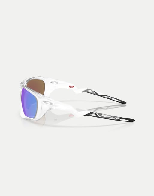 Oakley occhiali da sole rettangolari con lenti specchiate blu in trasparente opaco, 4 di 4