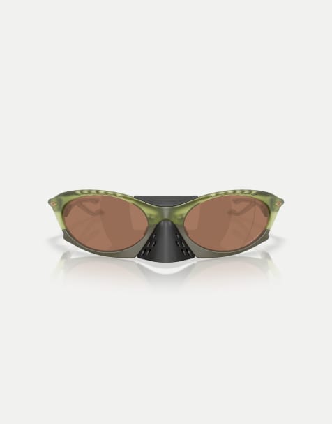 Oakley Plantaris oval sunglasses with brown mirrored lens in matte transparent fern - view 1