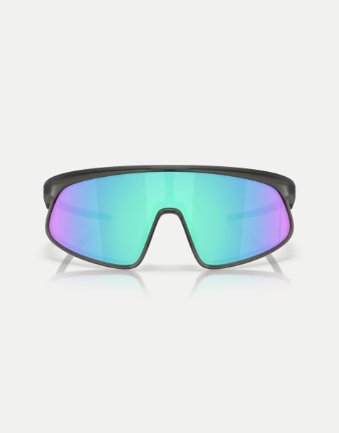 Oakley Rslv rectangle sunglasses with blue mirrored lens in matte grey smoke - view 1