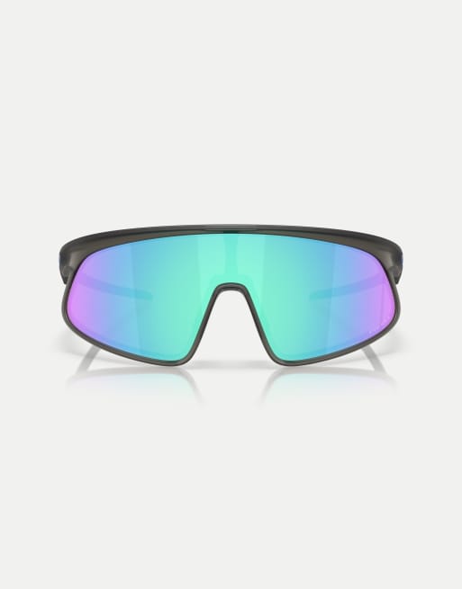 Oakley Rslv rectangle sunglasses with blue mirrored lens in matte grey smoke