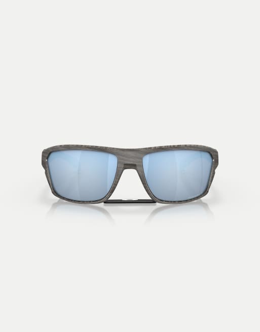 Oakley Split shot woodgrain collection rectangle polarised sunglasses with blue mirrored lens in woodgrain, 2 of 3