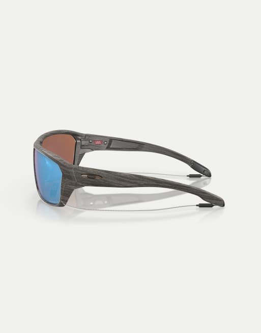Oakley Split shot woodgrain collection rectangle polarised sunglasses with blue mirrored lens in woodgrain, 3 of 3