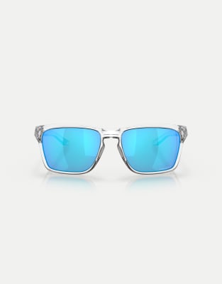 Oakley Sylas rectangle sunglasses with blue mirrored lens in polished clear - view 1