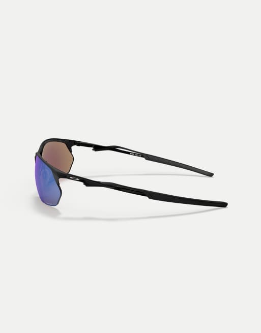 Oakley Wire tap 2.0 rectangle sunglasses with blue mirrored lens in satin black, 3 of 3