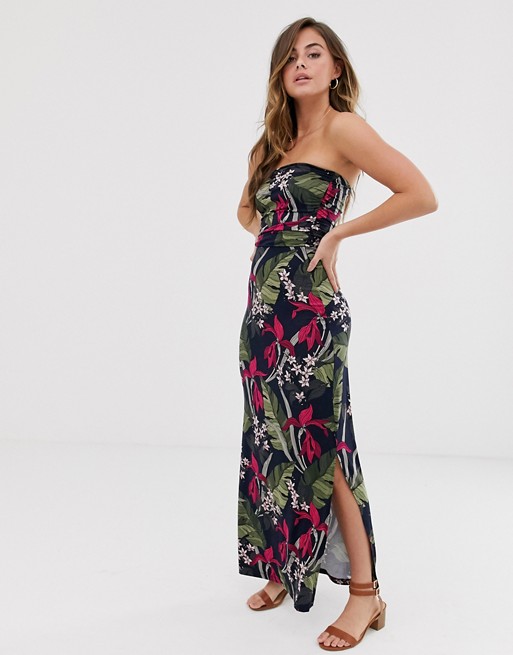 Oasis bandeau midi dress with tie side in tropical print