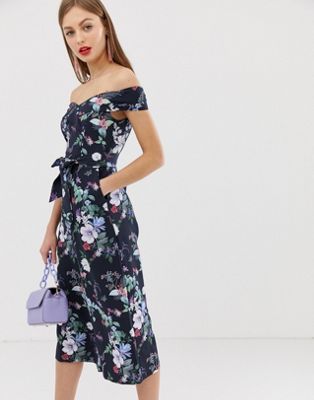 Oasis bardot jumpsuit in floral print-Blues