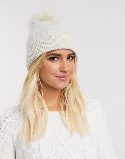 Oasis beanie with pearl detail in cream