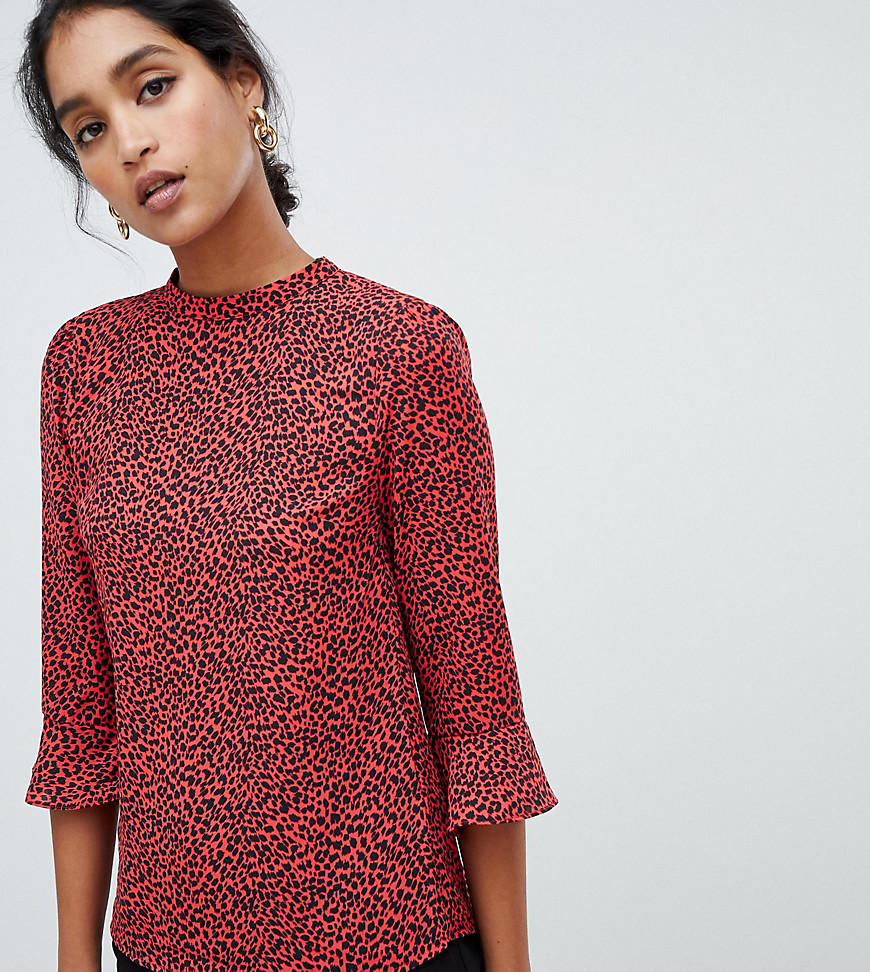 Oasis blouse with flute sleeves in red leopard print-Multi