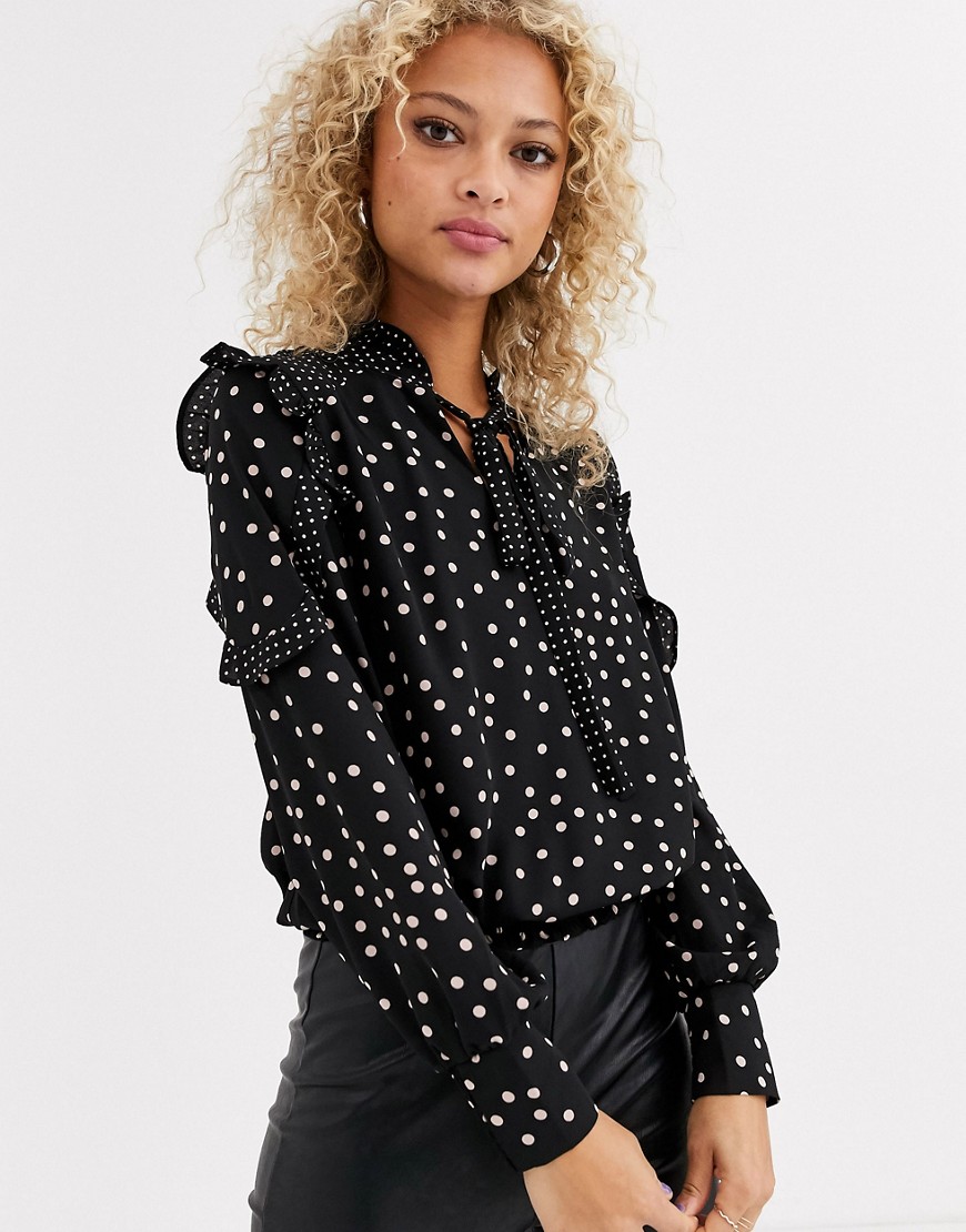 Oasis blouse with pussybow ties in polka dot-Black