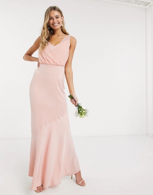 Oasis bridesmaid slinky bow back maxi dress in blush