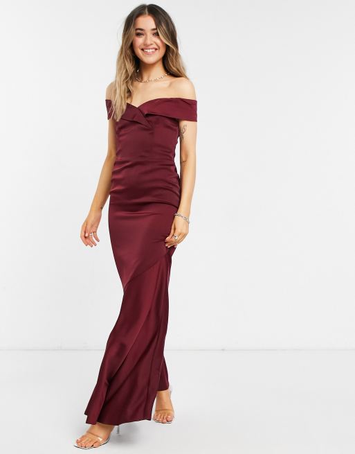 oasis red bardot dress Oasis Bridesmaid bardot slinky maxi dress in burgundy