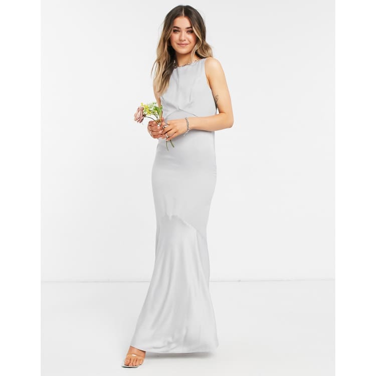 Oasis Bridesmaid high neck maxi dress with cowl back in pale gray ASOS