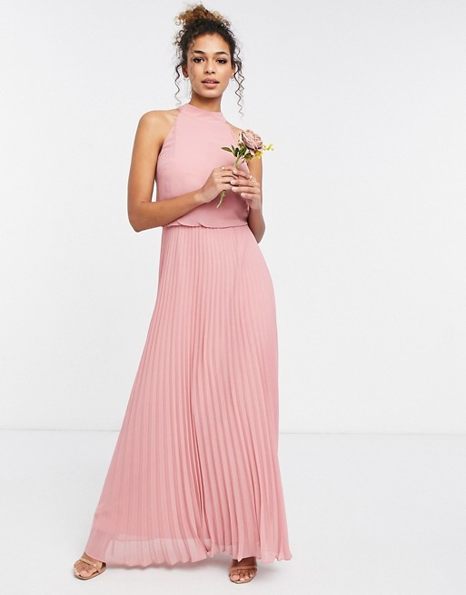 Oasis Bridesmaid high neck pleated maxi dress in pale pink