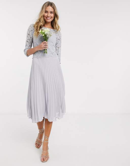 Oasis bridesmaid lace cap sleeve pleated dress in grey