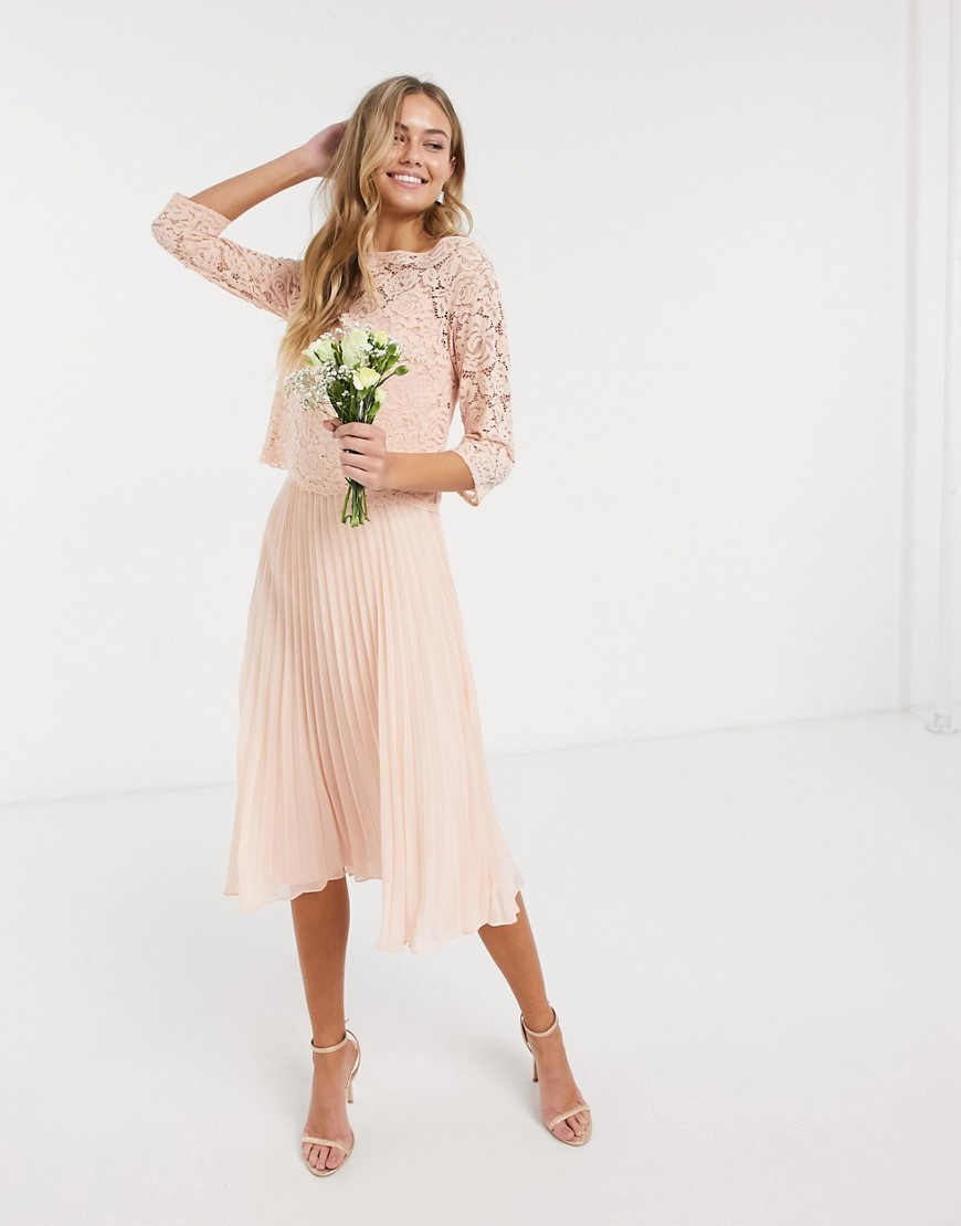 Oasis bridesmaid lace cap sleeve pleated dress in peach-Pink