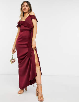 Oasis Bridesmaid ruffle satin maxi dress in burgundy-Red