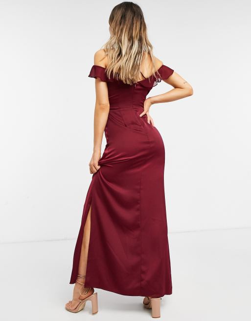 Oasis Bridesmaid ruffle satin maxi dress in burgundy