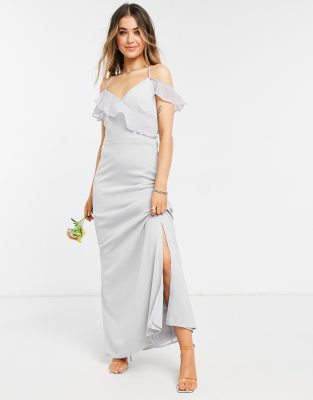 Oasis Bridesmaid Ruffle Satin Maxi Dress In Pale Graygrey ModeSens