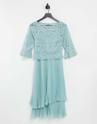 Oasis Bridesmaid tiered midi dress with flute sleeve in light blue-Green