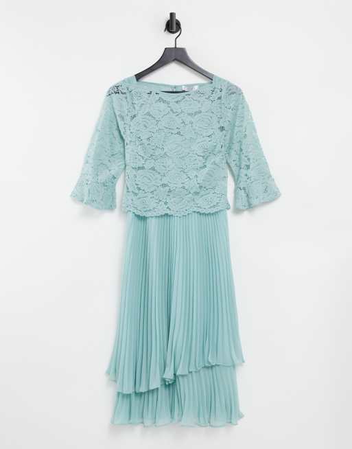 Oasis Bridesmaid tiered midi dress with flute sleeve in light blue