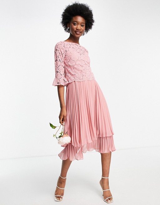Oasis Bridesmaid tiered midi dress with flute sleeve in pale pink
