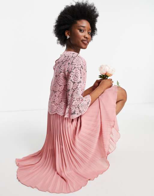 Oasis Bridesmaid tiered midi dress with flute sleeve in pale pink