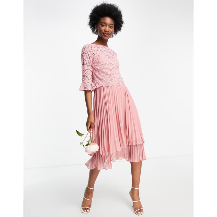 Oasis Bridesmaid tiered midi dress with fluted sleeves in pale pink ASOS