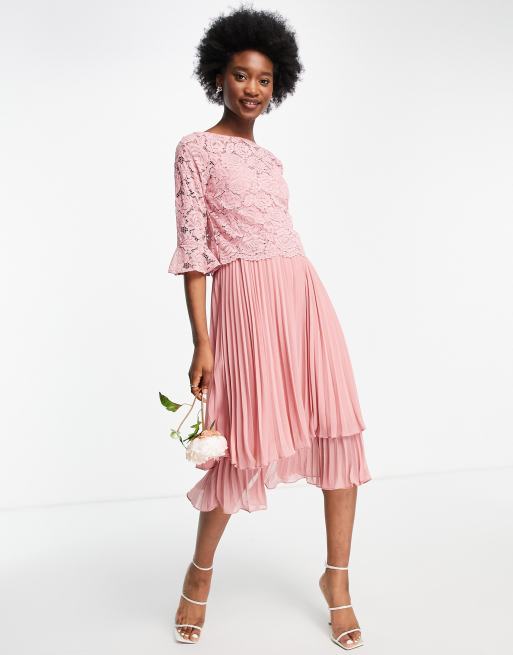 Oasis Bridesmaid tiered midi dress with fluted sleeves in pale pink ASOS