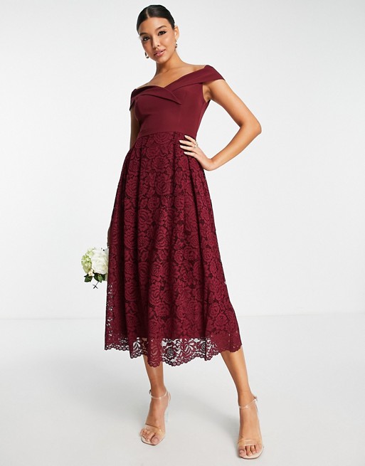 Oasis Bridesmaids bardot dress in burgundy