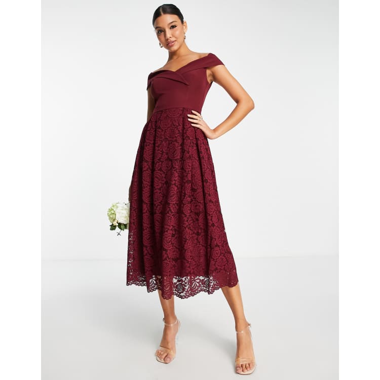 Oasis red 2025 lace bardot dress