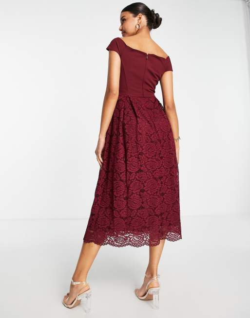 Oasis Bridesmaids bardot dress in burgundy