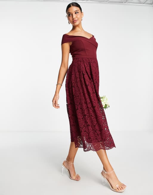 Oasis Bridesmaids bardot dress in burgundy ASOS