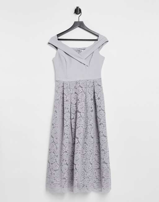 Oasis Bridesmaids bardot dress in pale grey