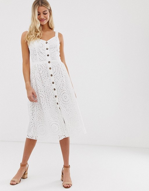 Oasis broderie midi dress with button through in white