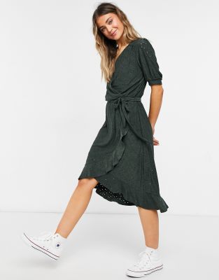 Oasis broderie ruffle wrap midi dress in green