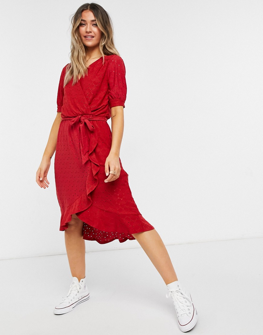 Oasis broderie ruffle wrap midi dress in red