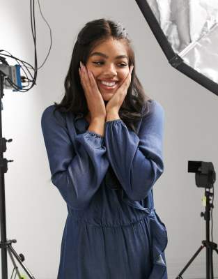 oasis denim frill wrap dress