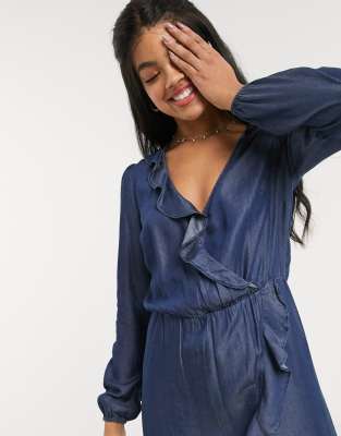 oasis denim frill wrap dress