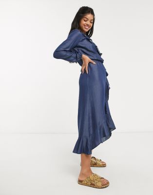 oasis denim frill wrap dress