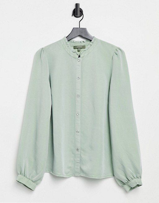Oasis denim shirt with ruffle front in khaki