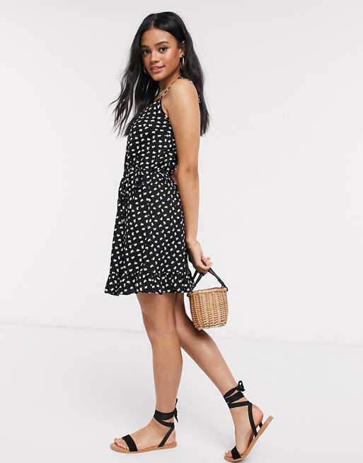 Oasis ditsy floral print button down beach dress in black