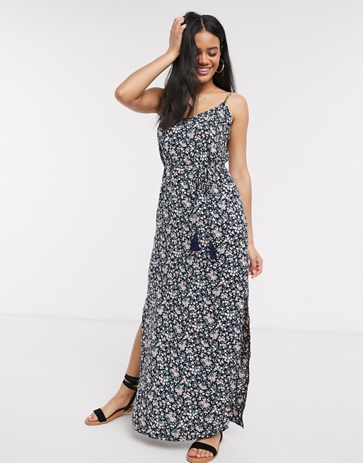 Oasis ditsy floral split side maxi beach dress in navy