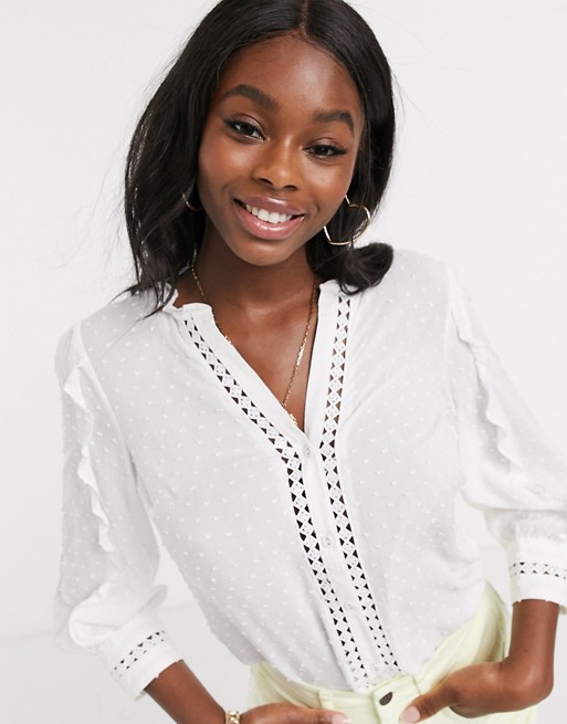 Oasis dobby lace trim ruffle blouse in white