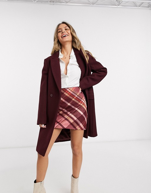 Oasis double breasted straight coat in burgundy