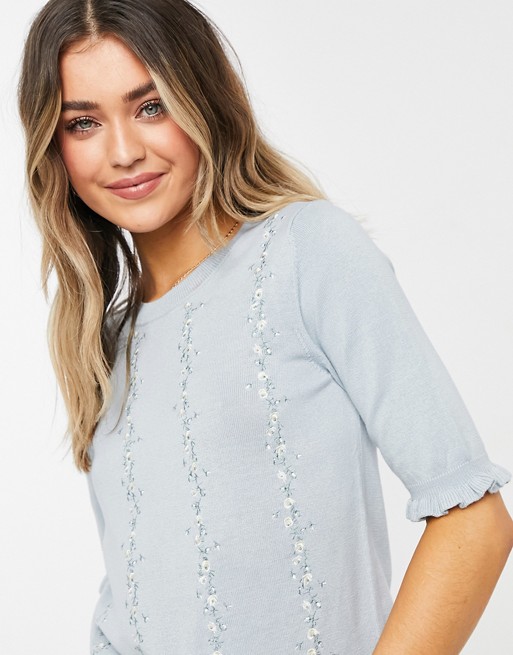 Oasis embroidered floral knitted jumper in blue
