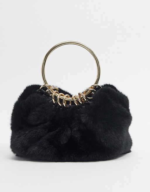 Oasis faux fur bag with solid handle in black